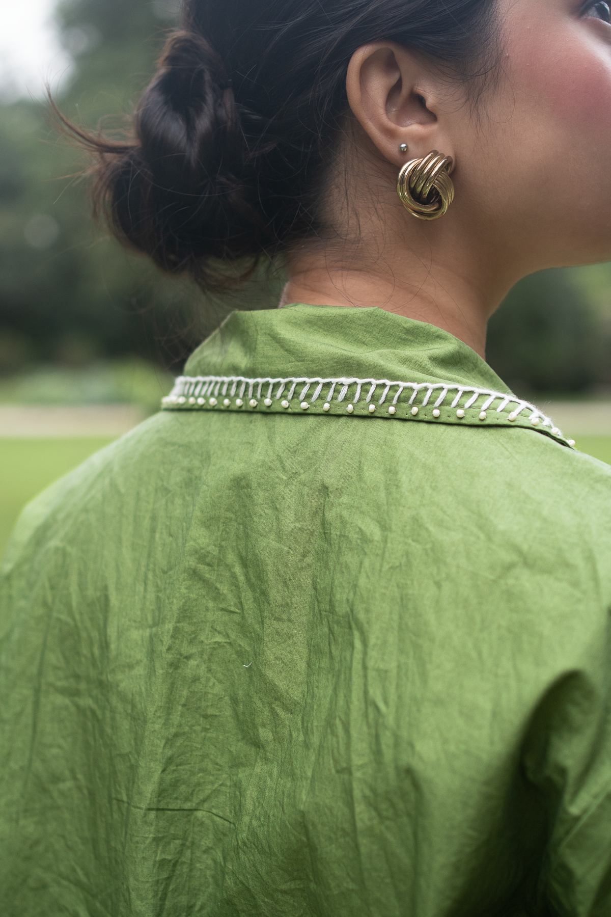 Solid Green Shirt with Embroidered Collars