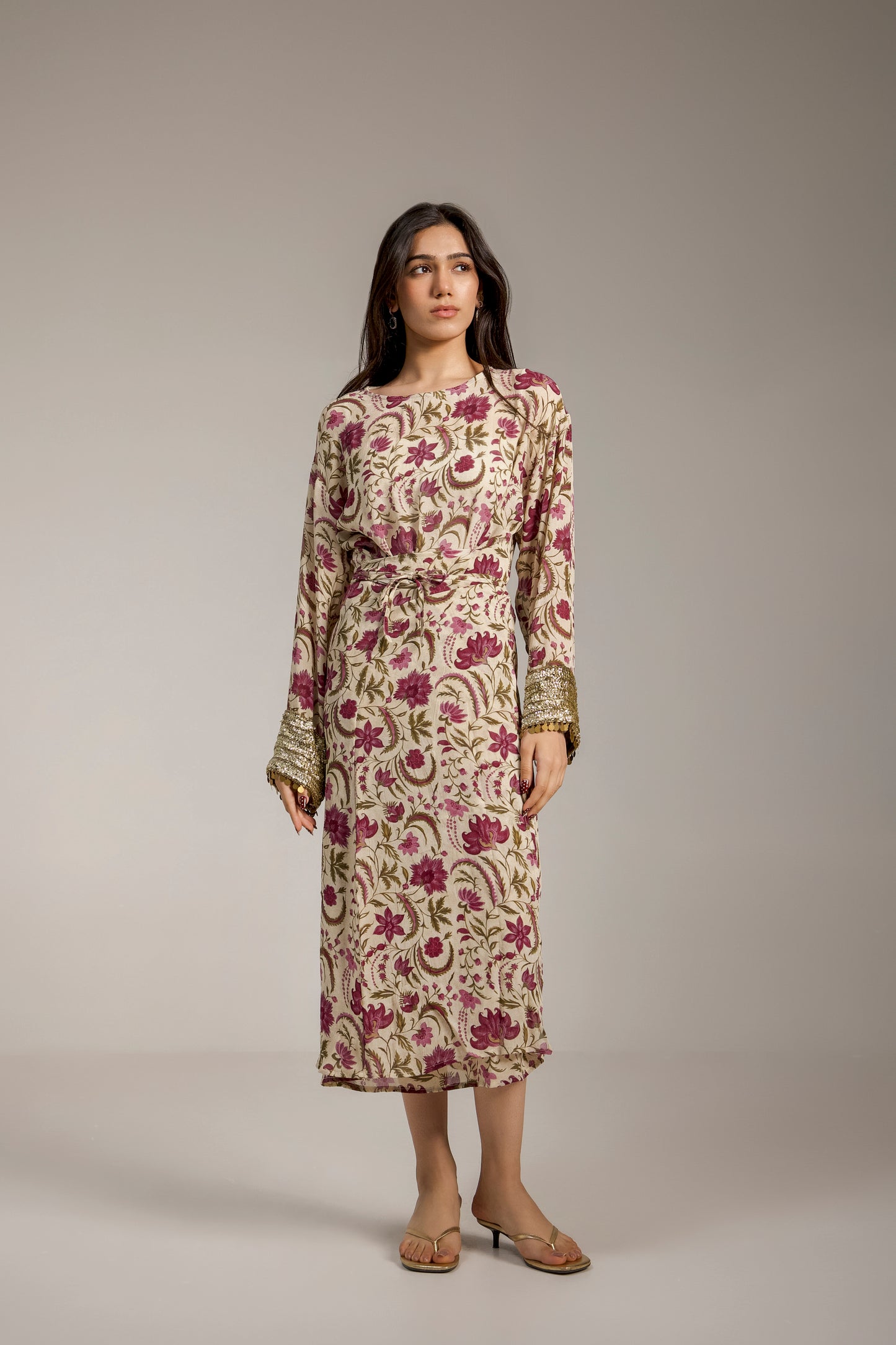 Floral Wrap Dress with Embroidered Sleeves