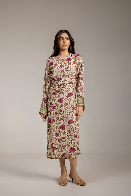 Floral Wrap Dress with Embroidered Sleeves