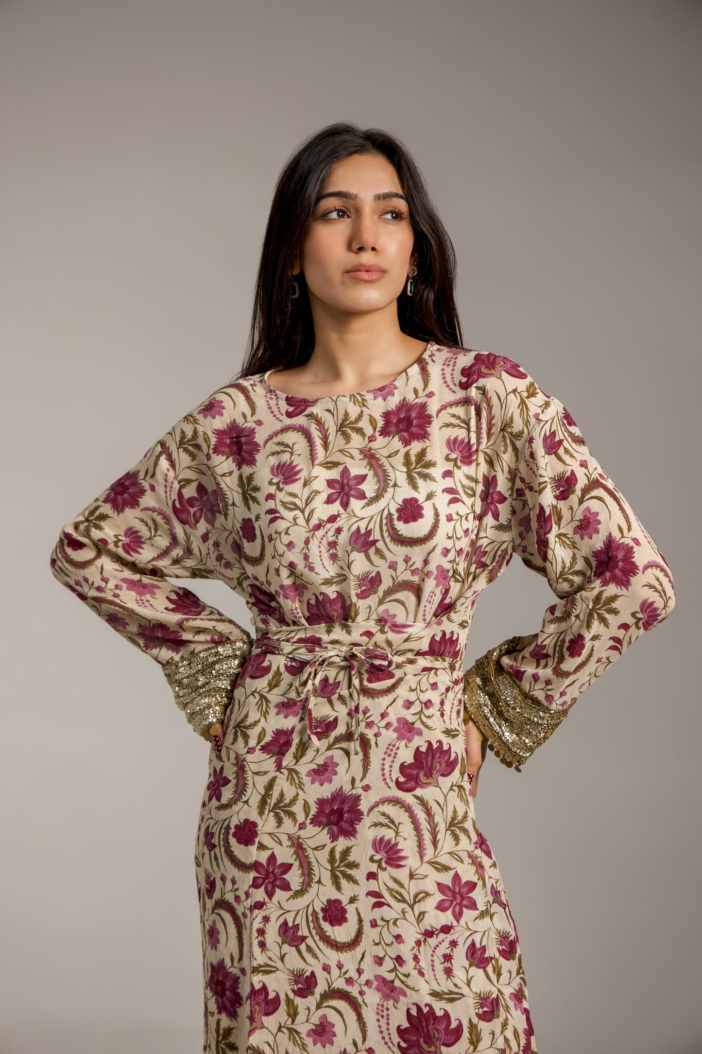 Floral Wrap Dress with Embroidered Sleeves