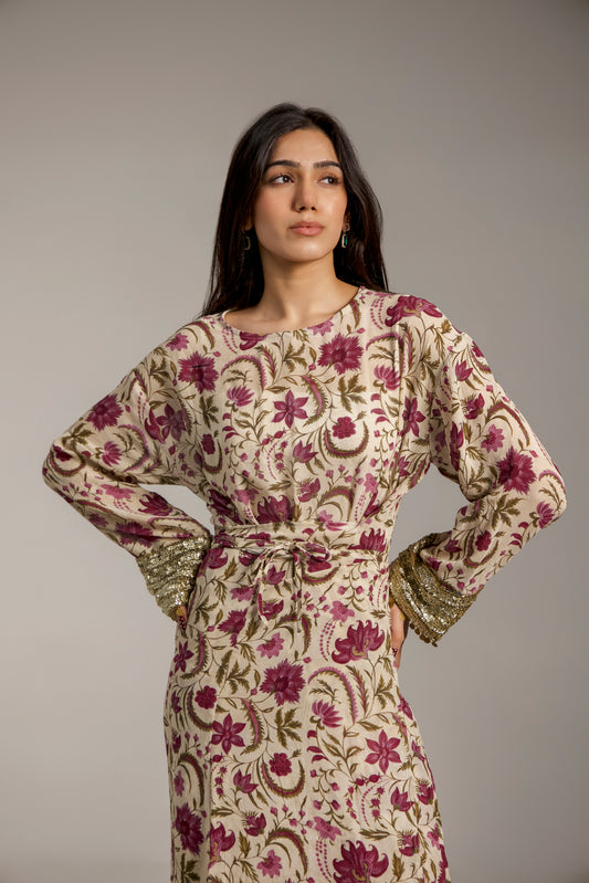 Floral Wrap Dress with Embroidered Sleeves