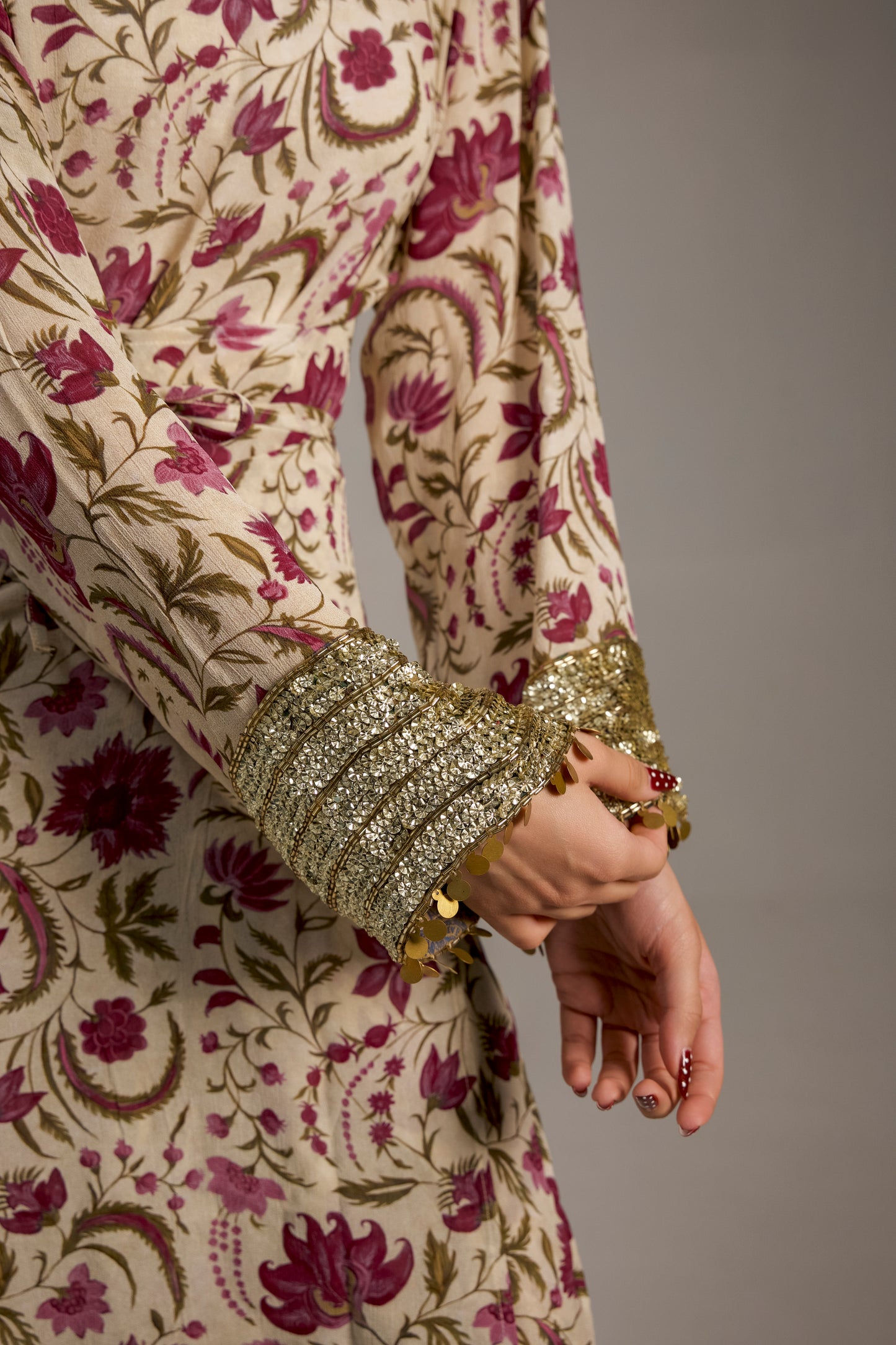 Floral Wrap Dress with Embroidered Sleeves