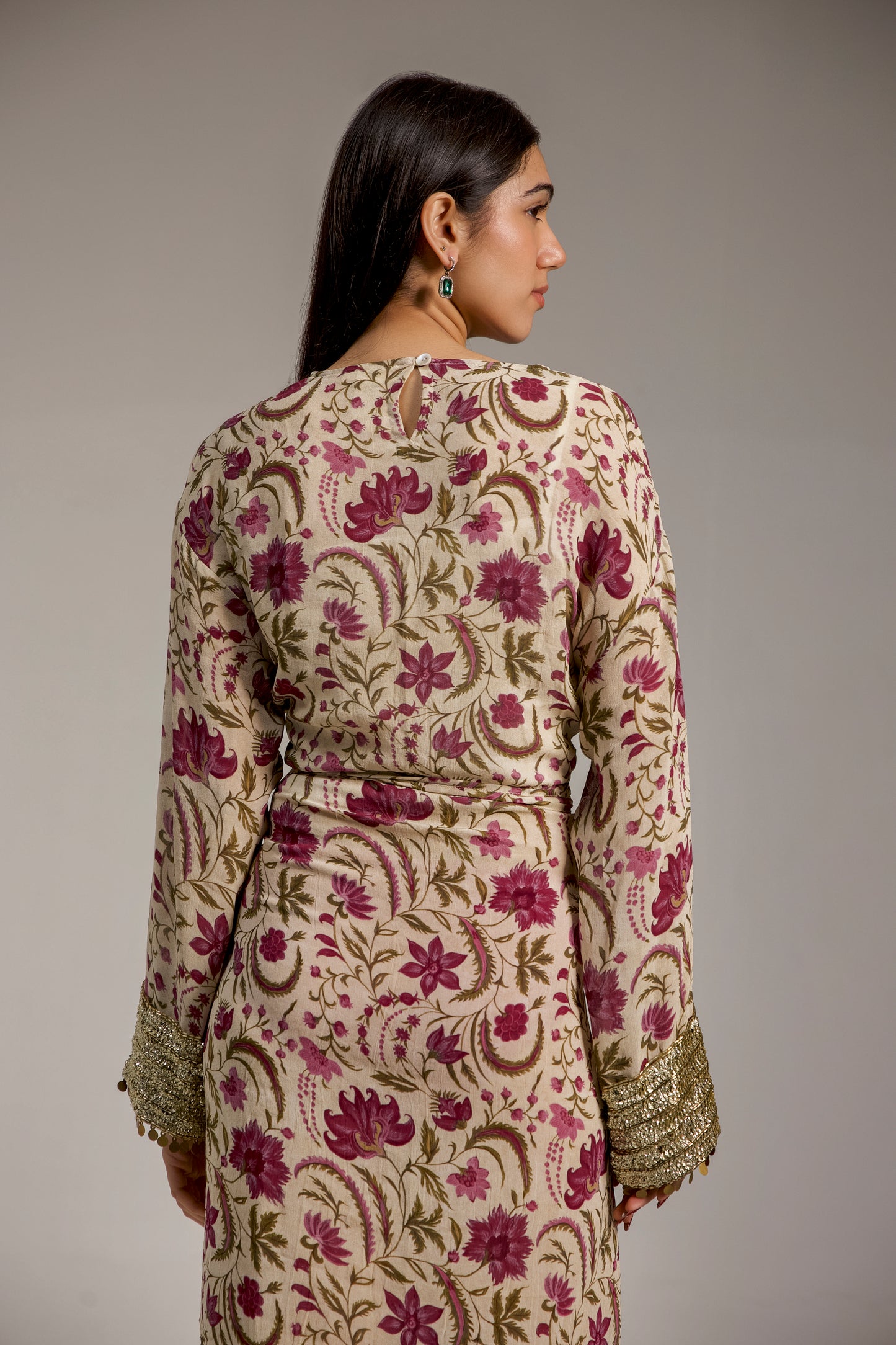 Floral Wrap Dress with Embroidered Sleeves