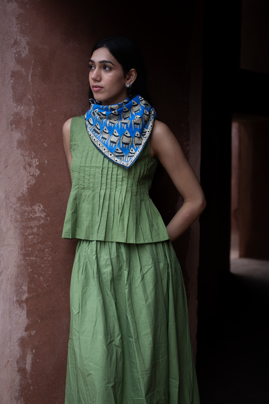Pleated Green Top with Long Skirt and Madhubani Scarf