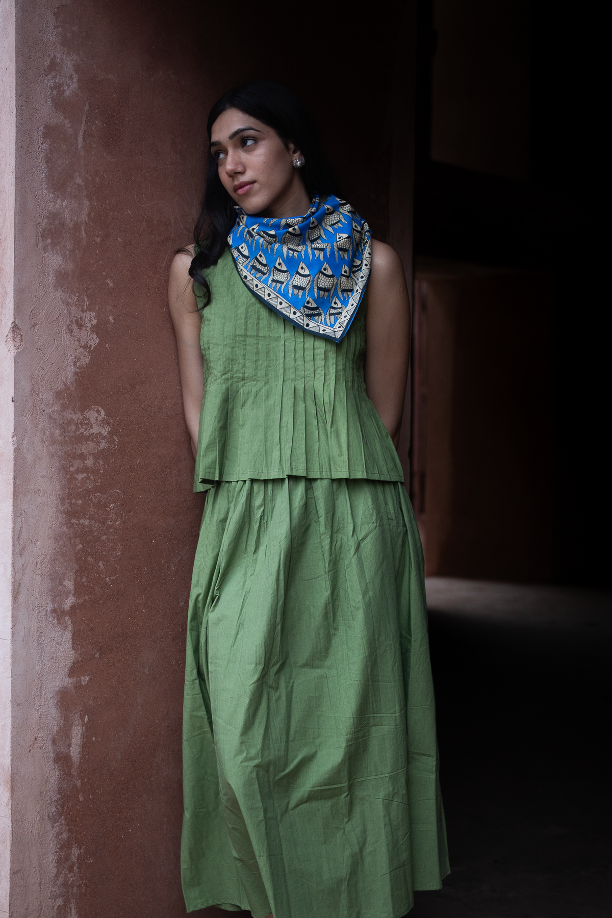 Pleated Green Top with Long Skirt and Madhubani Scarf