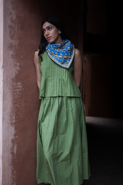 Pleated Green Top with Long Skirt and Madhubani Scarf