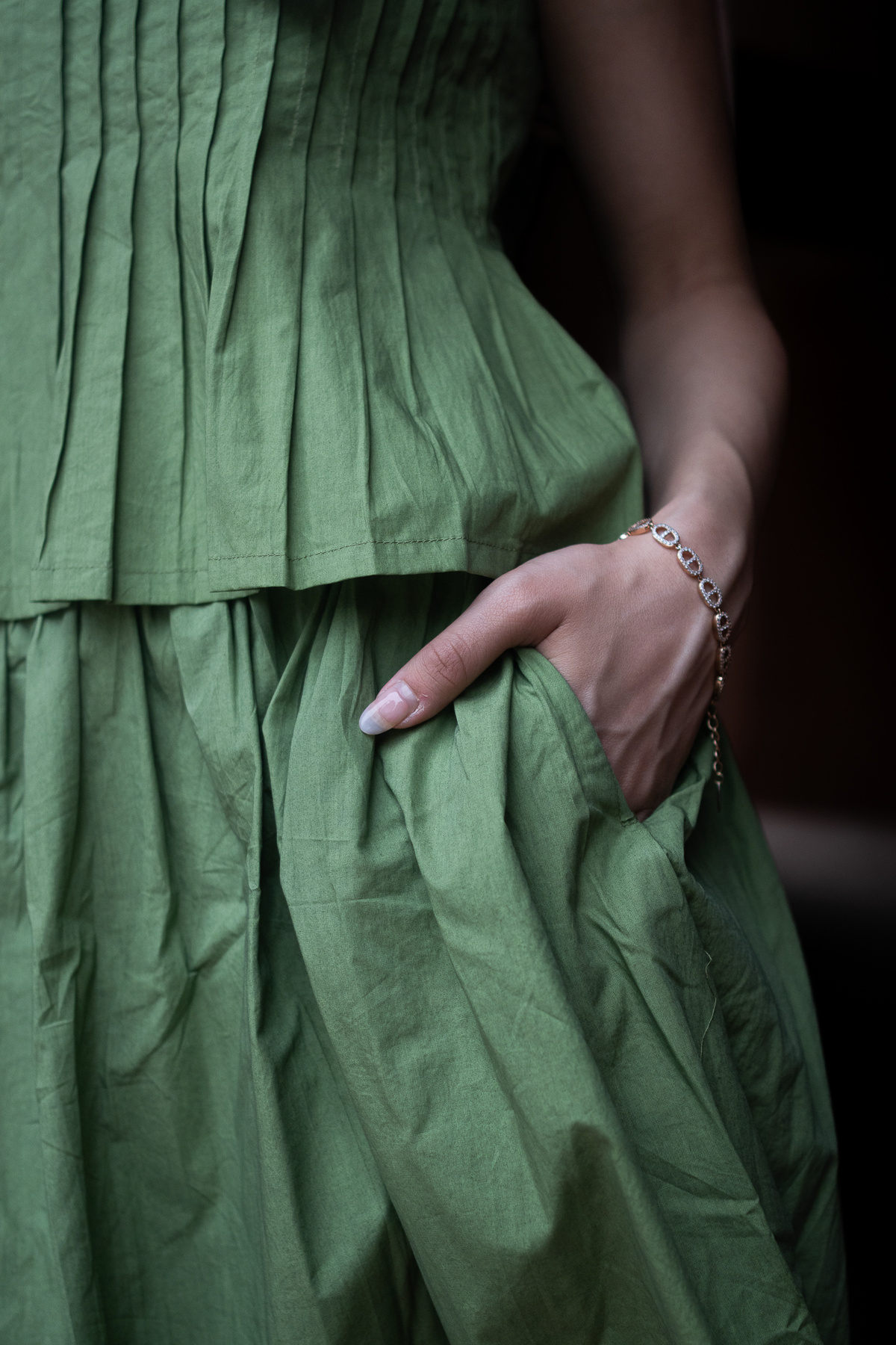 Pleated Green Top with Long Skirt and Madhubani Scarf