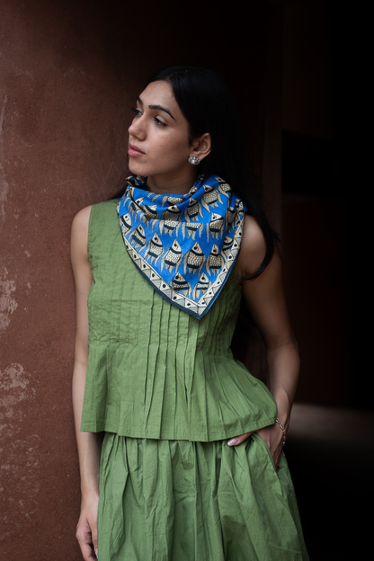 Pleated Green Top with Long Skirt and Madhubani Scarf