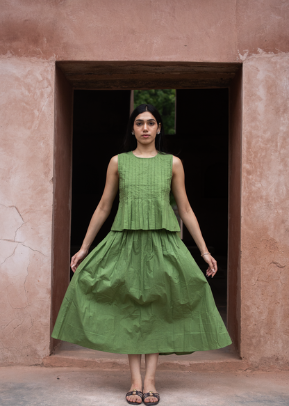 Pleated Green Top with Long Skirt and Madhubani Scarf