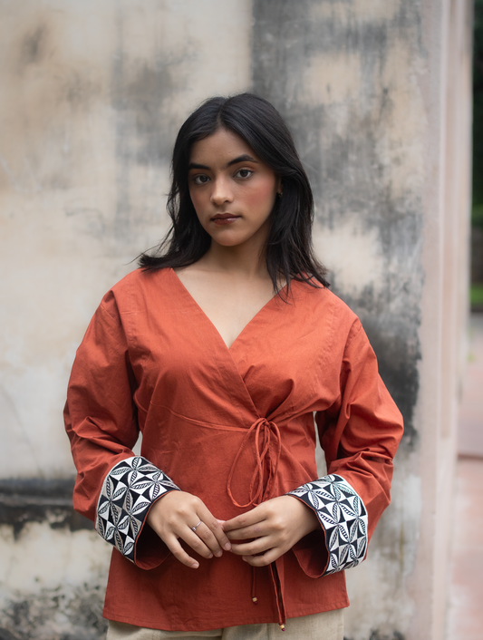 Rust Madhubani Embroidered Sleeves Tie Up Top