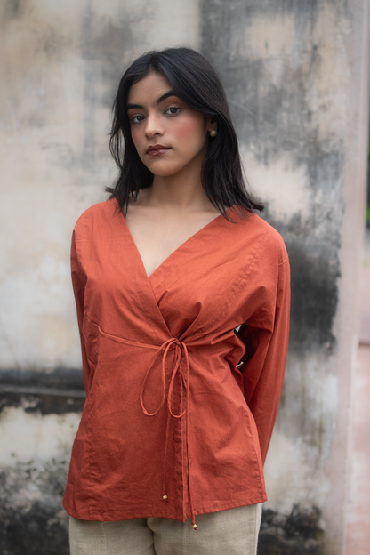 Rust Madhubani Embroidered Sleeves Tie Up Top