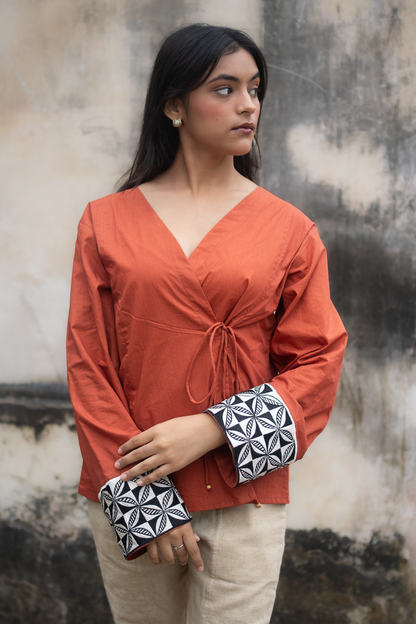 Rust Madhubani Embroidered Sleeves Tie Up Top