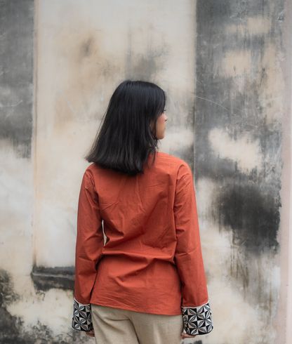 Rust Madhubani Embroidered Sleeves Tie Up Top