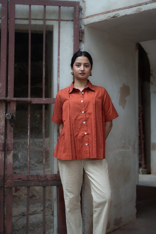 Rust Pleat Button Up top