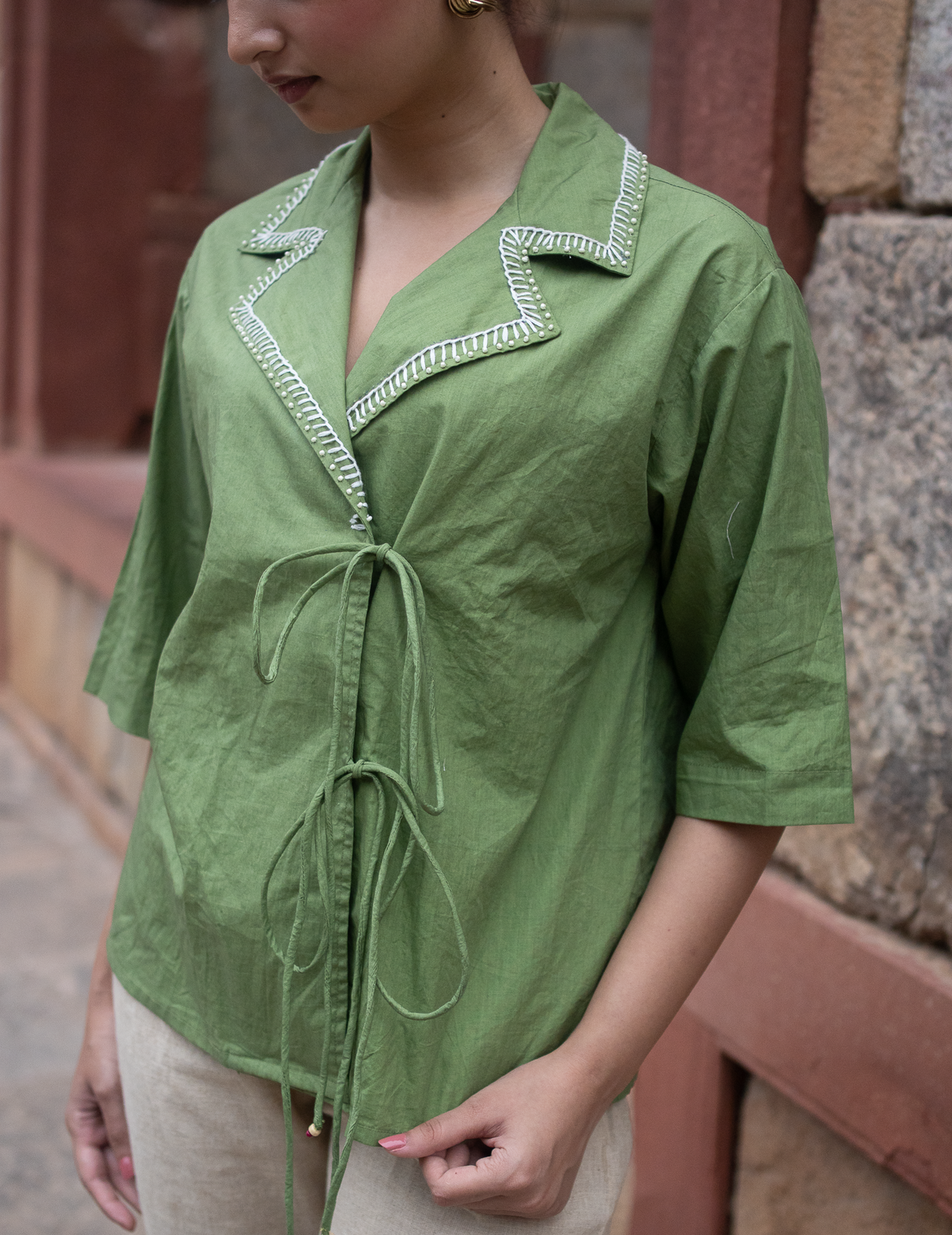 Solid Green Shirt with Embroidered Collars