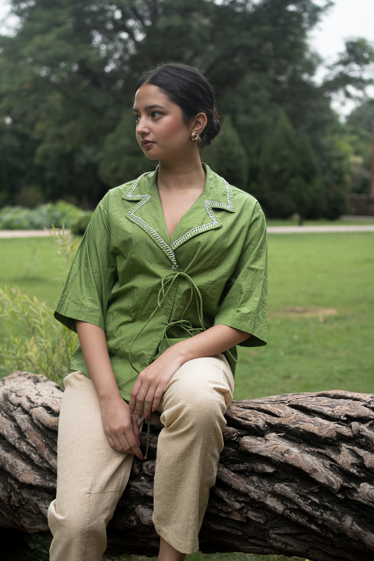 Solid Green Shirt with Embroidered Collars