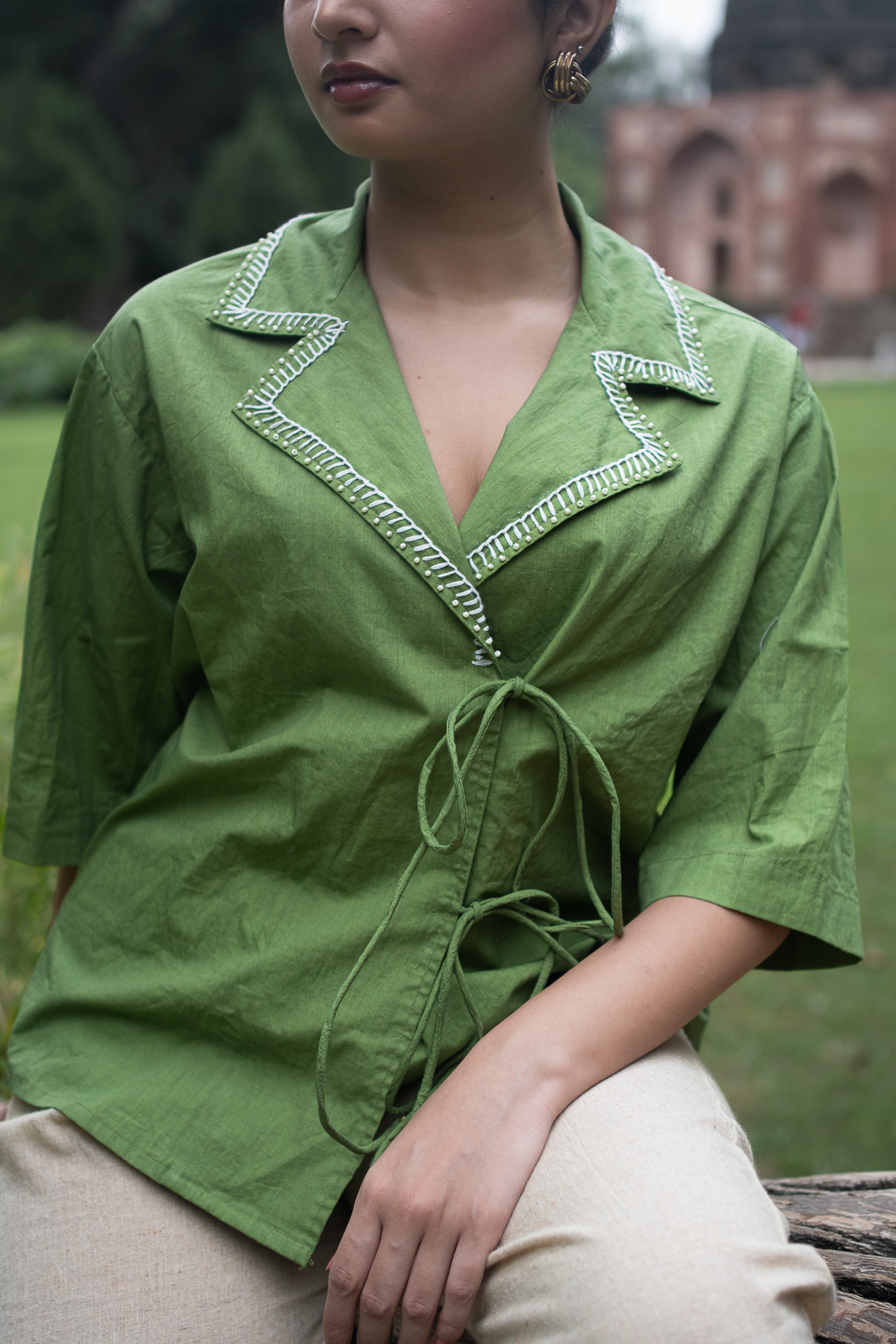 Solid Green Shirt with Embroidered Collars