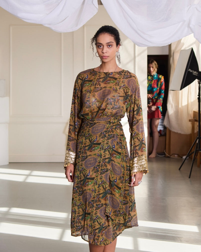 Morbagh Wrap Dress with Embroidered Sleeves