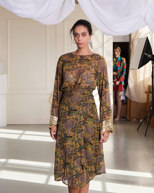 Morbagh Wrap Dress with Embroidered Sleeves